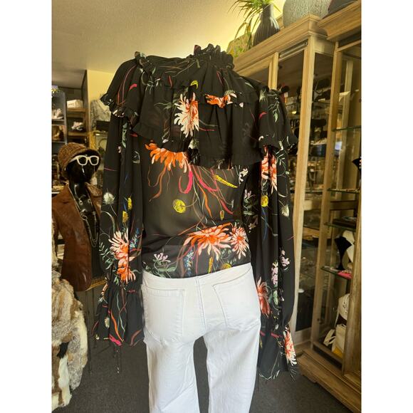 H&M Sheer Black Floral Fluttersleeve Highneck Top - Picture 3 of 5